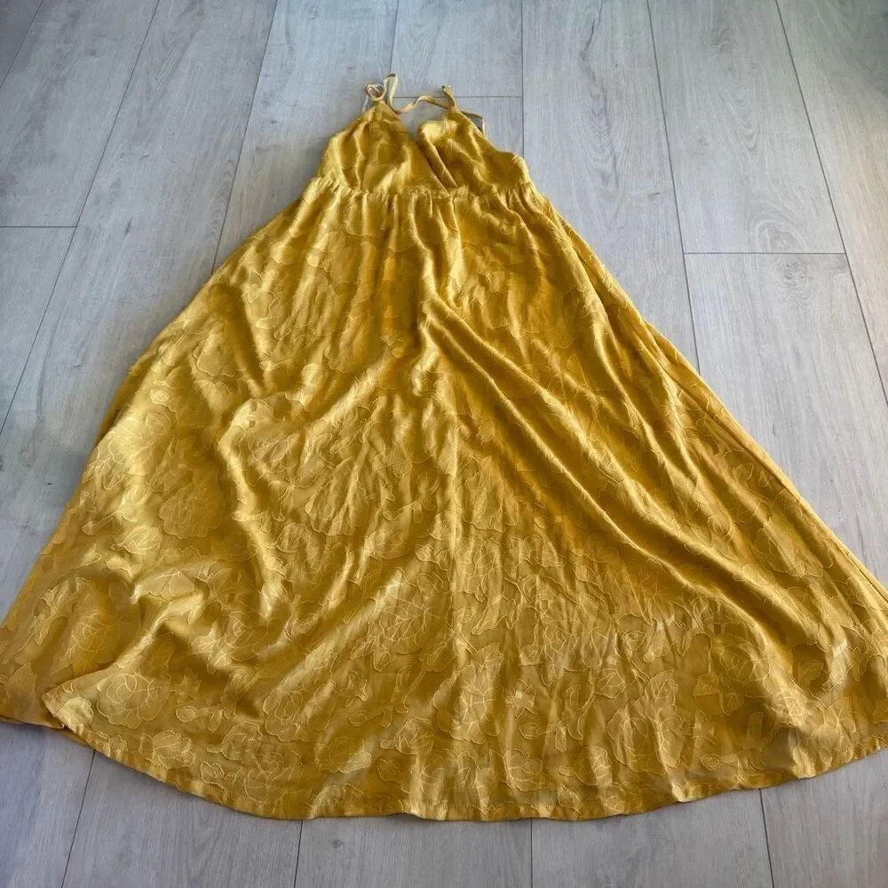 Lulus Philosophy of Beauty Mustard Yellow Burnout Floral Midi dress size S